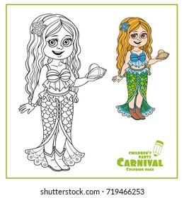 Cute girl in mermaid costume color and outlined for coloring page