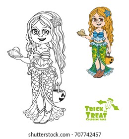 Cute girl in mermaid costume with a pumpkin bag for sweets trick or treat color and outlined for coloring page