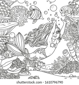 Cute girl the mermaid floats having extended hands forward on underwater world with corals, fish, algae and anemones background outlined