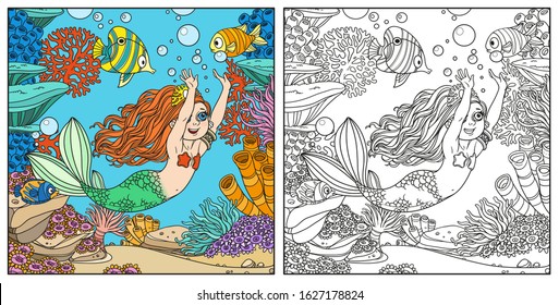 Cute girl the mermaid floats having extended hands forward on underwater world with corals, fish, algae and anemones background color and outlined