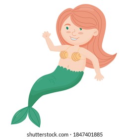 
Cute girl mermaid isolated on white background. Drawing of a mermaid in cartoon style with red hair, green tail.