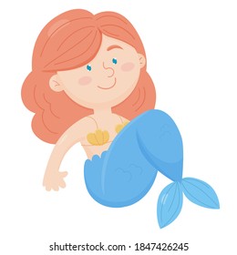 Cute girl mermaid isolated on white background. Drawing of a mermaid in cartoon style with red hair, blue tail.