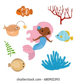 Cute girl mermaid on white background. Mermaid and sea animals made in cartoon style.