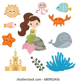 Cute girl mermaid on white background. Mermaid and sea animals made in cartoon style.