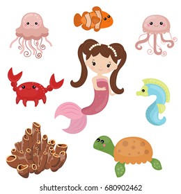 Cute girl mermaid on white background. Mermaid and sea animals made in cartoon style.