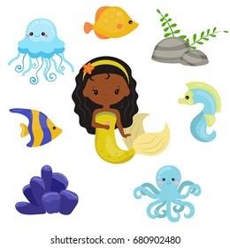 Cute girl mermaid on white background. Mermaid and sea animals made in cartoon style.
