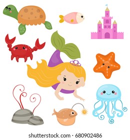 Cute girl mermaid on white background. Mermaid and sea animals made in cartoon style.