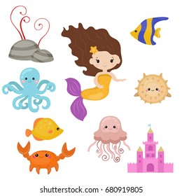 Cute girl mermaid on white background. Mermaid and sea animals made in cartoon style.