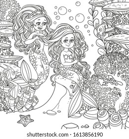 Cute girl mermaid plait braids friend mermaid on underwater world with corals background outlined