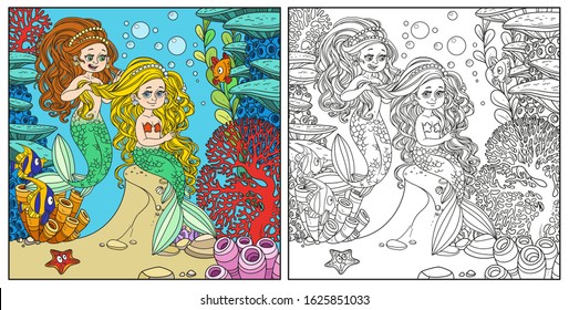 Cute girl mermaid plait braids friend mermaid in an underwater world with corals background color and outlined 