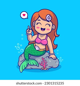 Cute Girl Mermaid Sitting On Coral Cartoon Vector Icon Illustration. People Holiday Icon Concept Isolated Premium Vector. Flat Cartoon Style