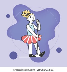 Cute girl with micro at school concert flat vector illustration. Cartoon young singer singing on music festival. Entertainment, performance and hobby concept