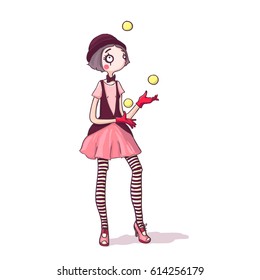 Cute girl mime juggling with balls in circus isolated on white. Vector illustration. 