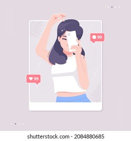 cute girl mirror selfie illustration background