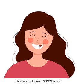 Cute girl missing teeth in flat design on white background.