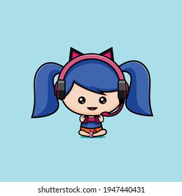 cute girl mobile gamer with a cat headset cartoon mascot