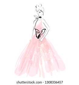 Cute girl model in long pink dress with black bow fashion illustration on white background.