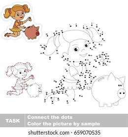 Cute Girl and Money Box. Dot to dot educational game for kids.