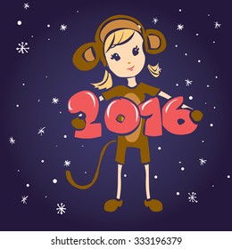 Cute girl in a monkey costume. Hand drawn cartoon vector illustration. Chinese new year symbol. Kawaii japanese style.