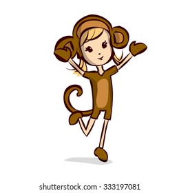 Cute girl in a monkey costume. Hand drawn cartoon vector illustration. Chinese new year symbol. Kawaii japanese style.