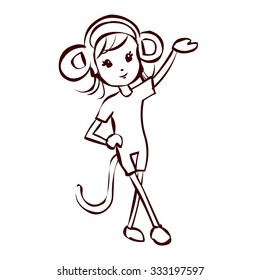 Cute girl in a monkey costume. Hand drawn cartoon vector illustration. Chinese new year symbol. Kawaii japanese style.