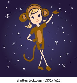 Cute girl in a monkey costume. Hand drawn cartoon vector illustration. Chinese new year symbol. Kawaii japanese style.
