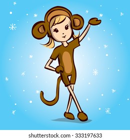 Cute girl in a monkey costume. Hand drawn cartoon vector illustration. Chinese new year symbol. Kawaii japanese style.