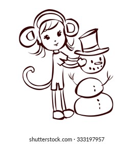 Cute girl in a monkey costume. Hand drawn cartoon vector illustration. Chinese new year symbol. Kawaii japanese style.