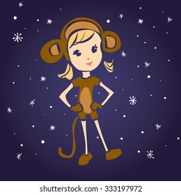 Cute girl in a monkey costume. Hand drawn cartoon vector illustration. Chinese new year symbol. Kawaii japanese style.