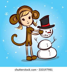 Cute girl in a monkey costume. Hand drawn cartoon vector illustration. Chinese new year symbol. Kawaii japanese style.