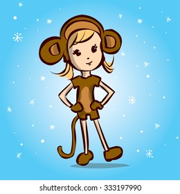 Cute girl in a monkey costume. Hand drawn cartoon vector illustration. Chinese new year symbol. Kawaii japanese style.