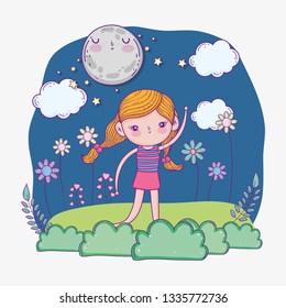cute girl with moon and bushes plants