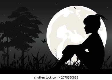 cute girl and moon silhouette