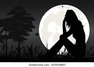 cute girl and moon silhouette