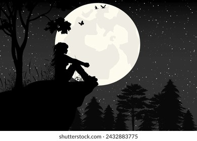 cute girl and moon silhouette