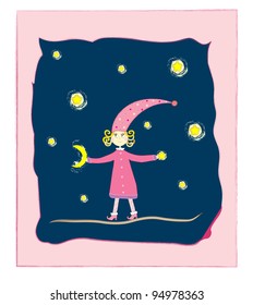 cute girl with moon and stars Postcard vector