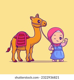 Cute Girl Moslem With Camel Cartoon Vector Icon Illustration. People Animal Icon Concept Isolated Premium Vector. Flat Cartoon Style