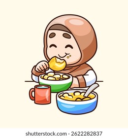 Cute Girl Moslem Eating Cartoon Vector Icon Illustration. People Food Icon Concept Isolated Premium Vector. Flat Cartoon Style