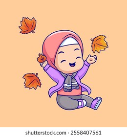 Cute Girl Moslem With Leaf Cartoon Vector Icon Illustration. 
People Nature Icon Concept Isolated Premium Vector. Flat 
Cartoon Style