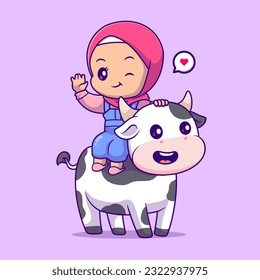 Cute Girl Moslem Playing With Cow Cartoon Vector Icon Illustration. People Animal Icon Concept Isolated Premium Vector. Flat Cartoon Style