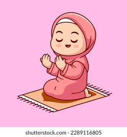 Cute Girl Moslem Prayer Cartoon Vector Icon Illustration. People Religion Icon Concept Isolated Premium Vector. Flat Cartoon Style