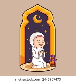 Cute Girl Moslem Praying Vector Illustration With Islamic Background