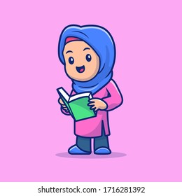 Cute Girl Moslem Reading Book Vector Icon Illustration. Ramadan Mascot Cartoon Character. Person Icon Concept White Isolated. Flat Cartoon Style Suitable for Web Landing Page, Banner, Flyer, Sticker