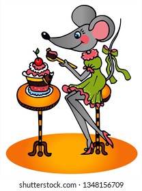 Cute girl mouse is eating a delicious cake in a coffee shop. Colored vector for card or gift. 