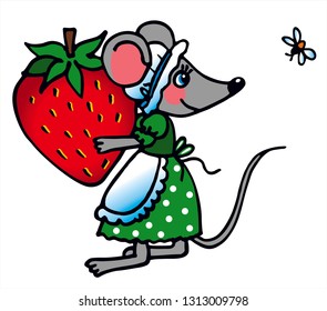 Cute girl mouse in a green dress is holding a big strawberry. Colored vector for card or gift. 