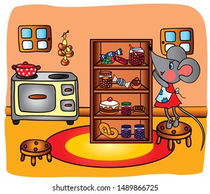 Cute girl mouse in her kitchen. Colored vector for card or gift. 