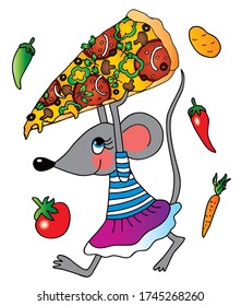 Cute girl mouse is holding a big pizza. Colored vector for card or gift, or logo.