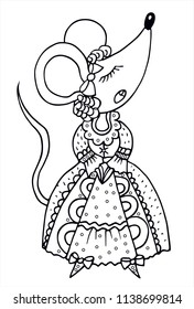 Cute girl mouse is singing opera. In a stylish princess dress, with ribbons and dots. Black and white vector for coloring. 