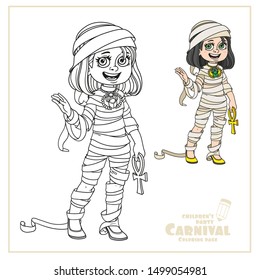 Cute girl in mummy costume color and outlined for coloring page