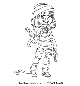 Cute girl in mummy costume outlined for coloring page